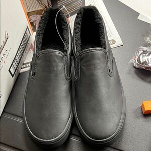 Men's Black Slip-On Faux Leather Loafers with Sherpa Lining